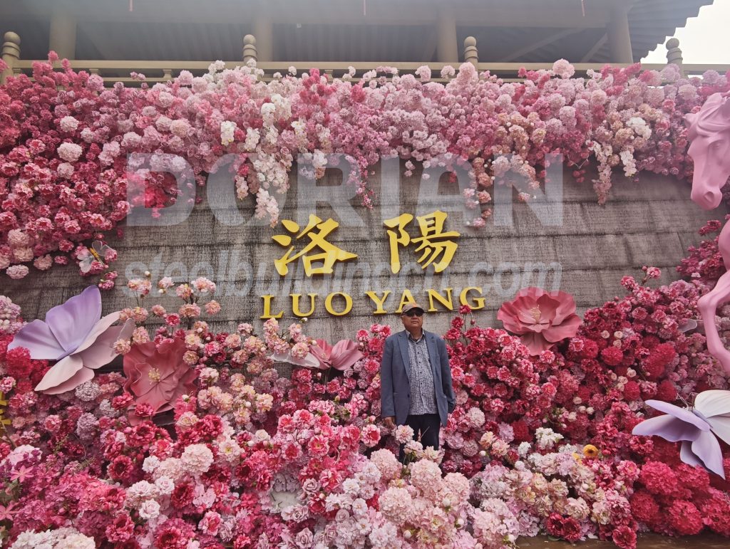 Luo Yang floral display with pink and purple flowers and a person standing in front.