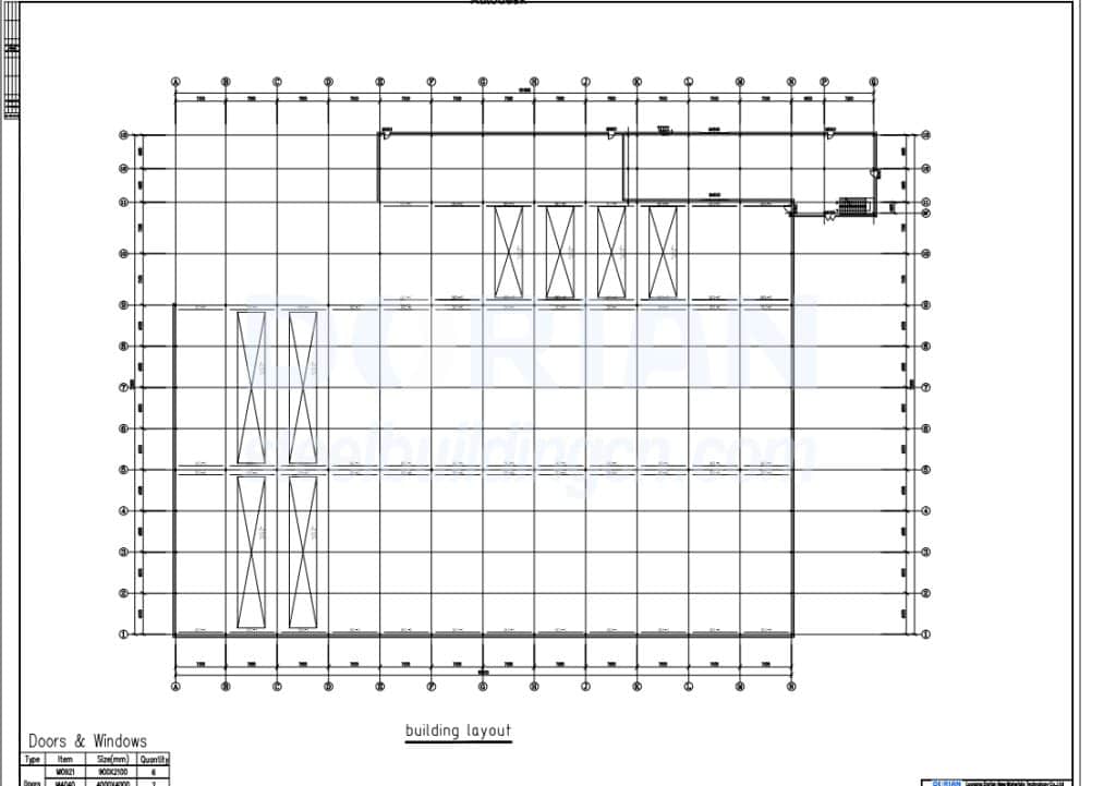 Blueprint of a steel structure warehouse with detailed building layout.